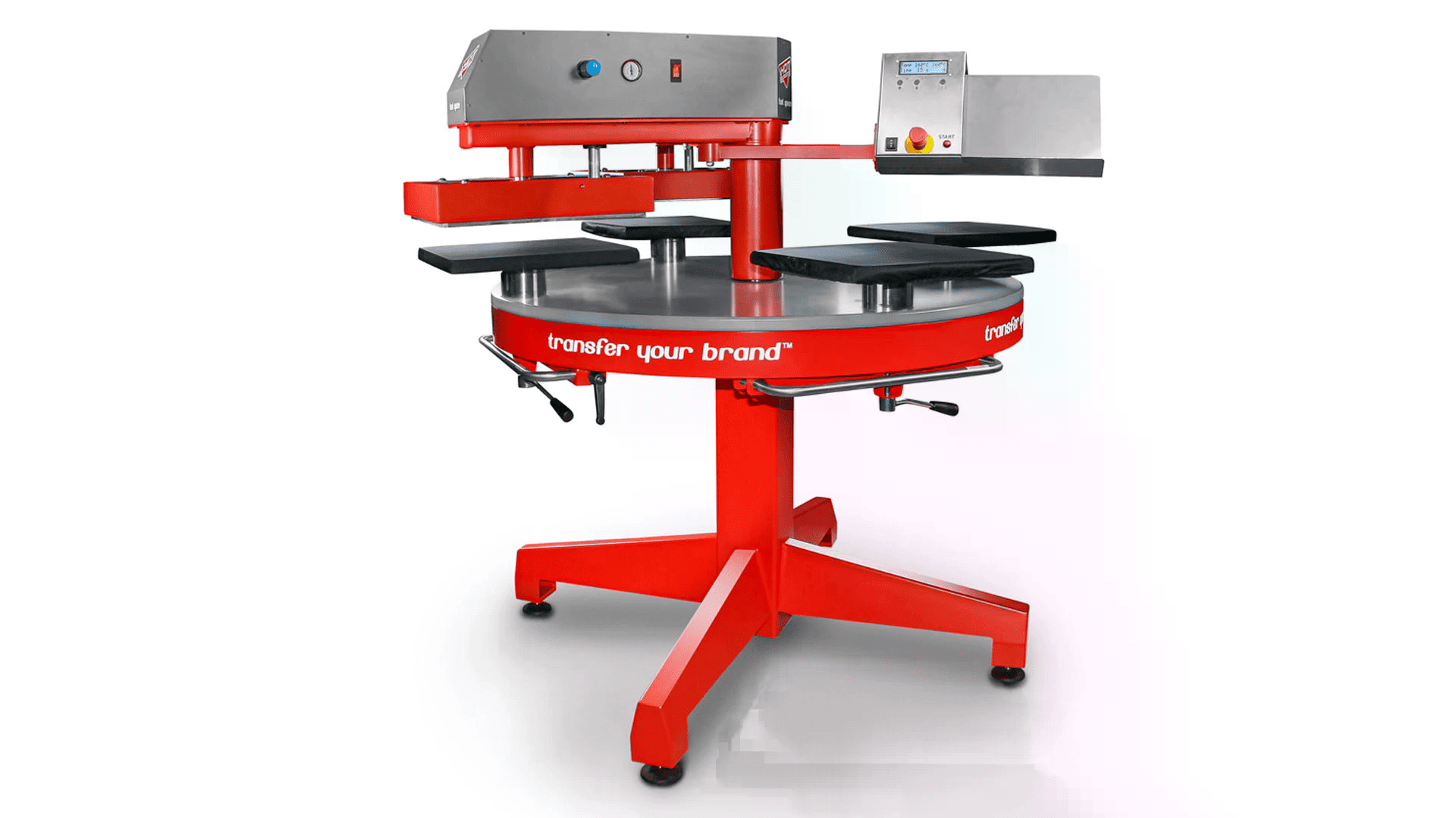 Hot 4000 - Industrial heat press with automatic carousel, red machine designed for high-volume production.